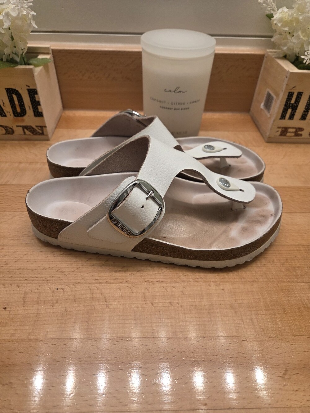 Birkenstock Gizeh Big Buckle Sandals White Leather Women's Sz 39